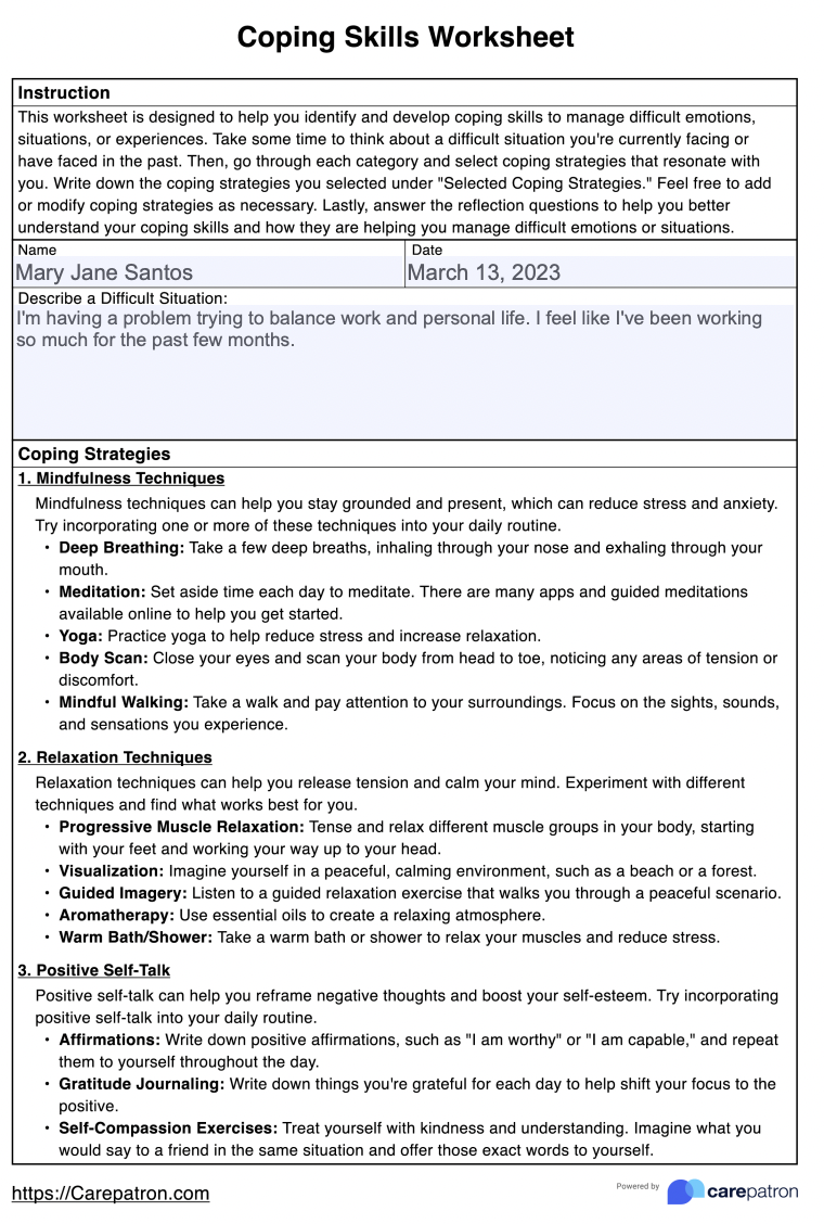 Coping Skills Worksheets & Example | Free PDF Download