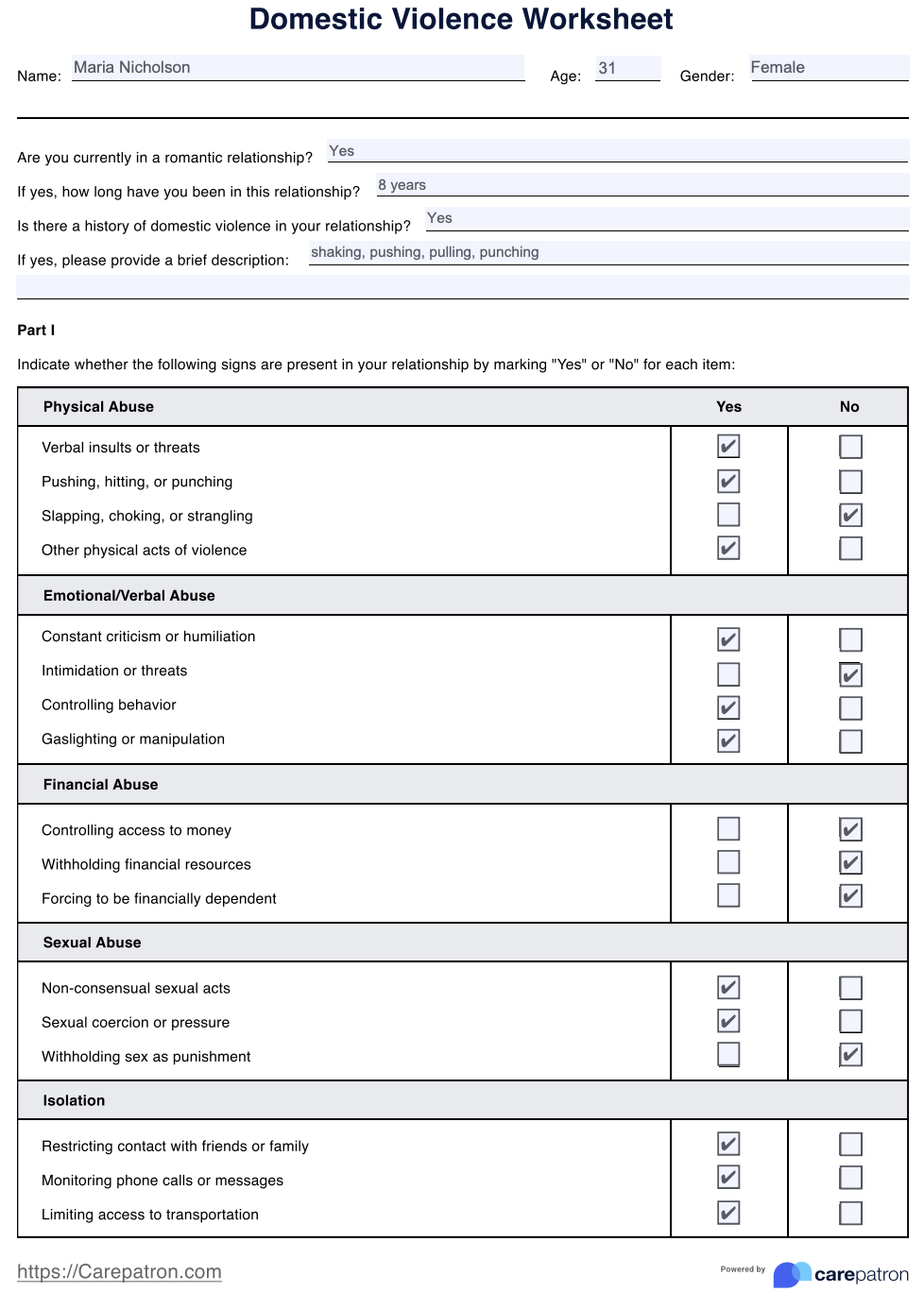 Domestic Violence Worksheet & Example | Free PDF Download